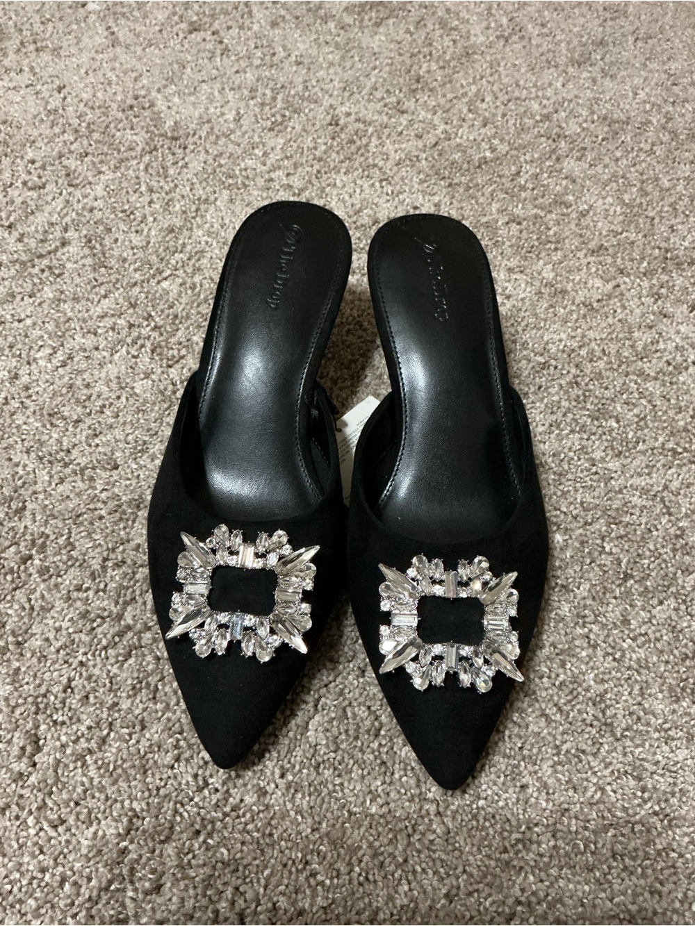 Crystal-Embellished Black Pointed Leather Mule - Women